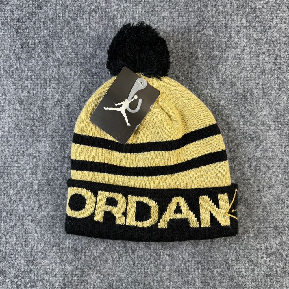 Metallic Gold Stripe Pom Beanie Jordan Youth Size 8/20 Black Gold Jumpman